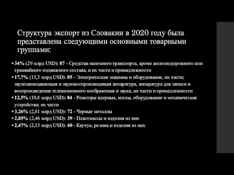 Структура экспорт из Словакии в 2020 году была представлена следующими основными товарными