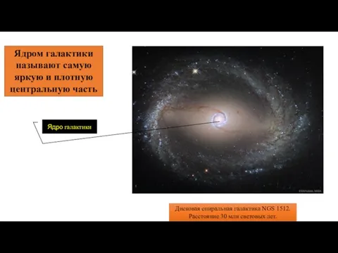 Ядром галактики называют самую яркую и плотную центральную часть Диcковая спиральная галактика