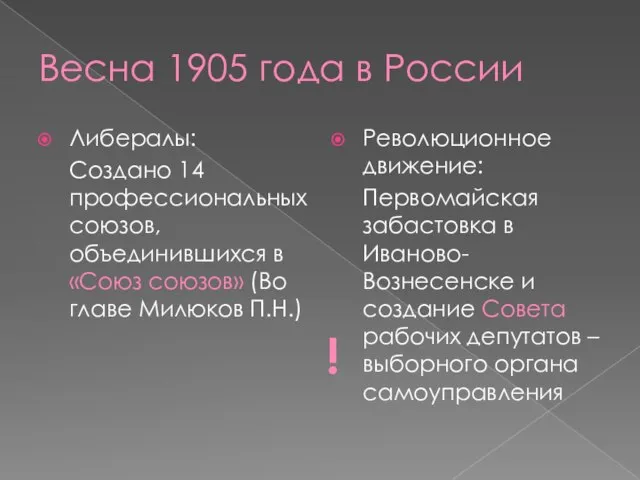 Весна 1905 года в России Либералы: Создано 14 профессиональных союзов, объединившихся в