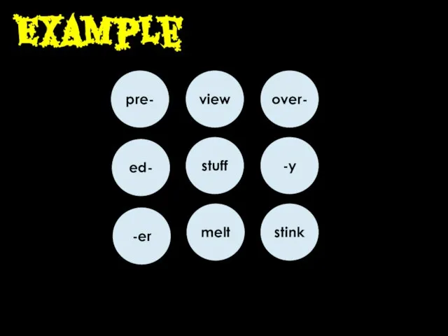 Example pre- view over- ed- stuff -y -er melt stink