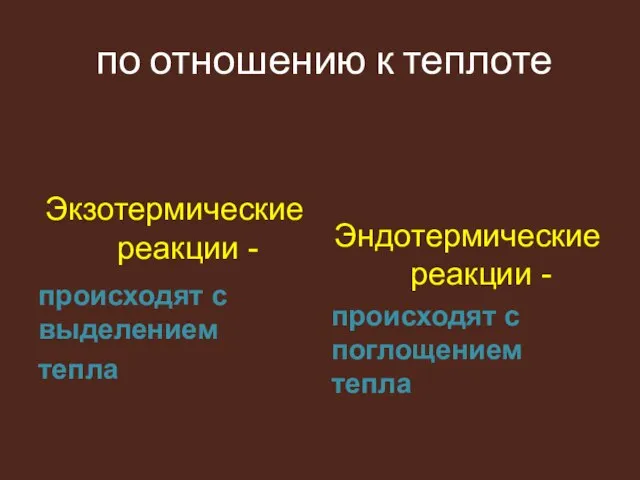 по отношению к теплоте происходят с выделением тепла Экзотермические реакции - Эндотермические