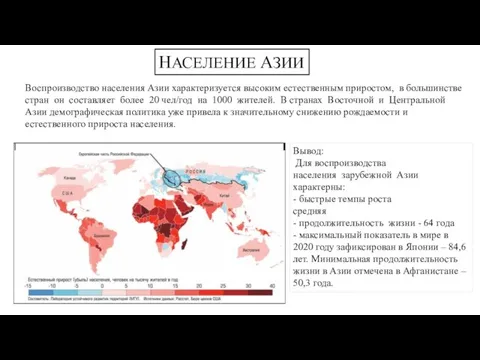 НАСЕЛЕНИЕ АЗИИ Воспроизводство населения Азии характеризуется высоким естественным приростом, в большинстве стран