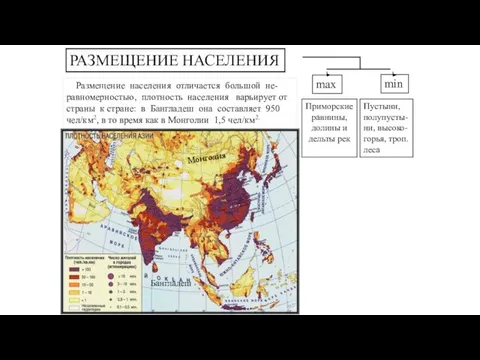 РАЗМЕЩЕНИЕ НАСЕЛЕНИЯ Размещение населения отличается большой не-равномерностью, плотность населения варьирует от страны