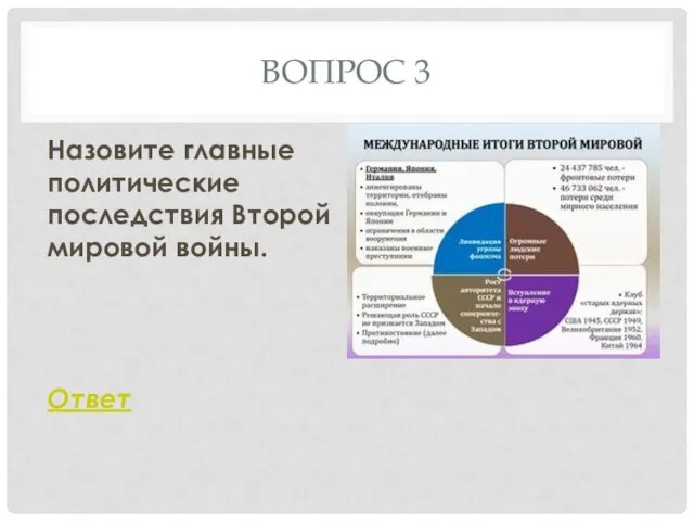 ВОПРОС 3 Назовите главные политические последствия Второй мировой войны. Ответ