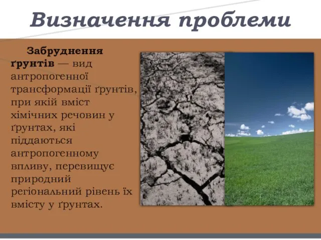 Визначення проблеми Забруднення ґрунтів — вид антропогенної трансформації ґрунтів, при якій вміст