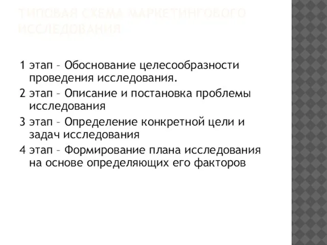 ТИПОВАЯ СХЕМА МАРКЕТИНГОВОГО ИССЛЕДОВАНИЯ 1 этап – Обоснование целесообразности проведения исследования. 2