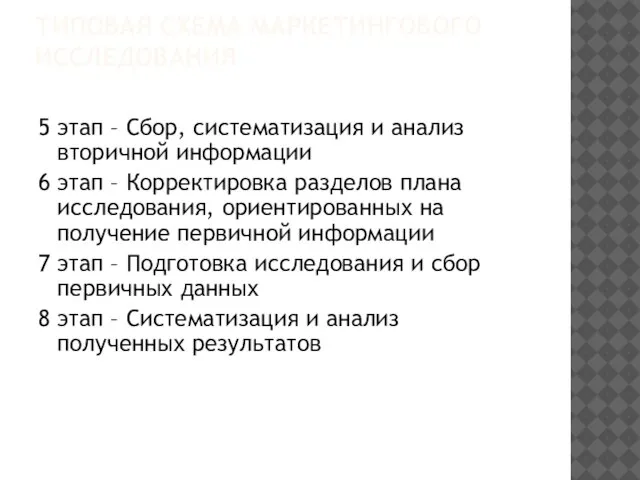 ТИПОВАЯ СХЕМА МАРКЕТИНГОВОГО ИССЛЕДОВАНИЯ 5 этап – Сбор, систематизация и анализ вторичной