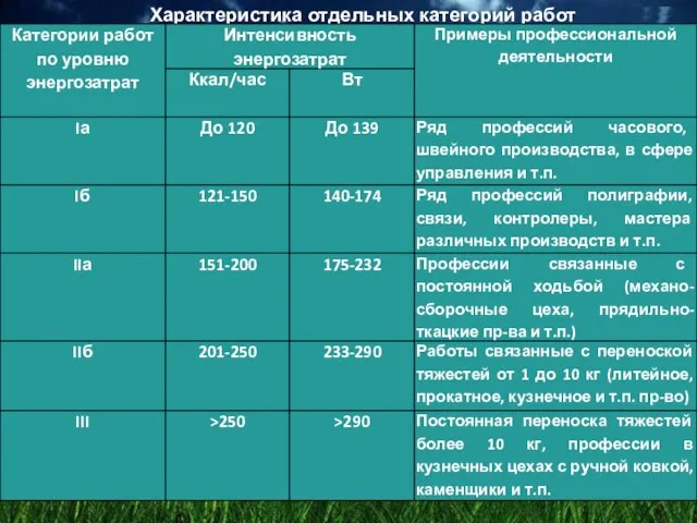 Характеристика отдельных категорий работ