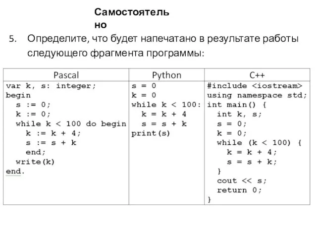 Определите, что будет напечатано в результате работы следующего фрагмента программы: Самостоятельно