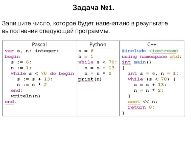 Задача №1. Запишите число, которое будет напечатано в результате выполнения следующей программы.