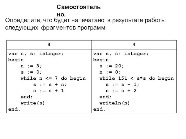 Определите, что будет напечатано в результате работы следующих фрагментов программ: Самостоятельно.