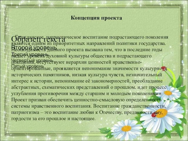 Концепция проекта Гражданское, патриотическое воспитание подрастающего поколения является одним из приоритетных направлений