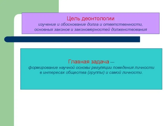 Цель деонтологии изучение и обоснование долга и ответственности, основных законов и закономерностей