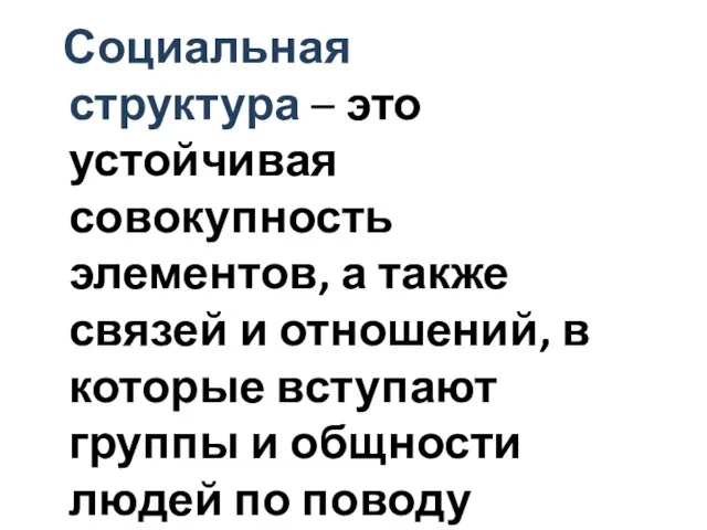 Социальная структура – это устойчивая совокупность элементов, а также связей и отношений,