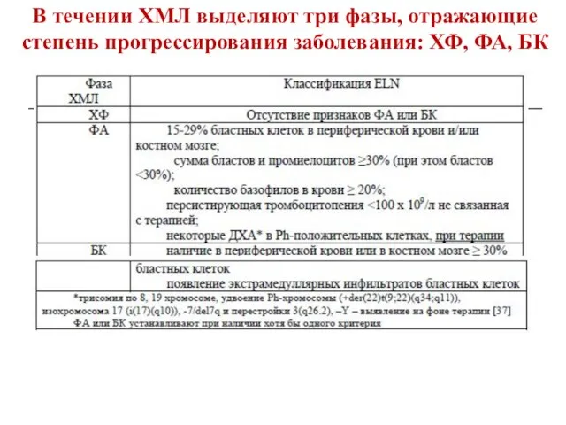 В течении ХМЛ выделяют три фазы, отражающие степень прогрессирования заболевания: ХФ, ФА, БК