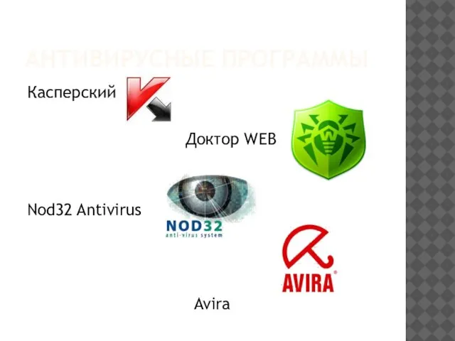 АНТИВИРУСНЫЕ ПРОГРАММЫ Касперский Доктор WEB Nod32 Antivirus Avira