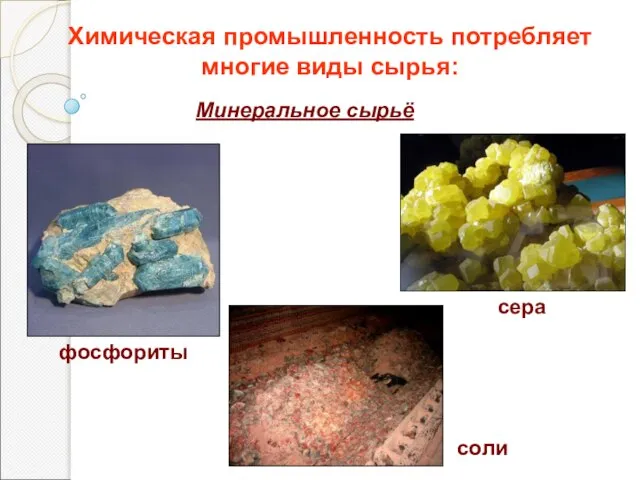 Химическая промышленность потребляет многие виды сырья: Минеральное сырьё фосфориты сера соли