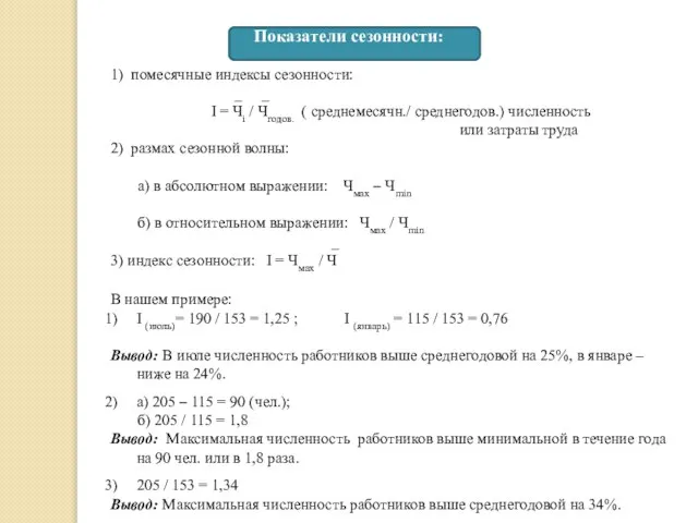 Показатели сезонности: 1) помесячные индексы сезонности: _ _ I = Чi /