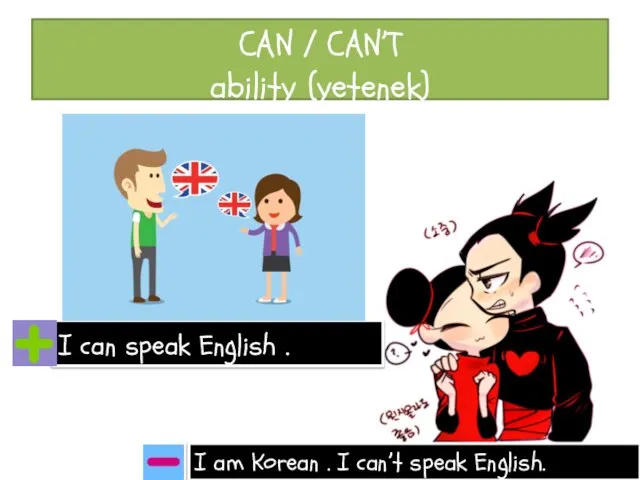 CAN / CAN’T ability (yetenek) I can speak English . I am