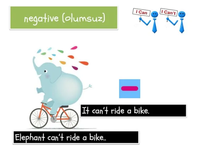 negative (olumsuz) Elephant can’t ride a bike.. It can’t ride a bike.