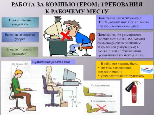 РАБОТА ЗА КОМПЬЮТЕРОМ: ТРЕБОВАНИЯ К РАБОЧЕМУ МЕСТУ Проветривание каждый час Ежедневная влажная