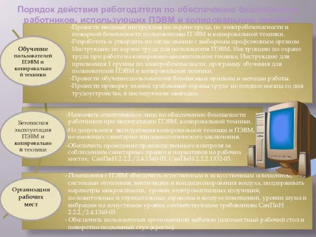 Назначить ответственное лицо по обеспечению безопасности работников при эксплуатации ПЭВМ, копировальной техники.