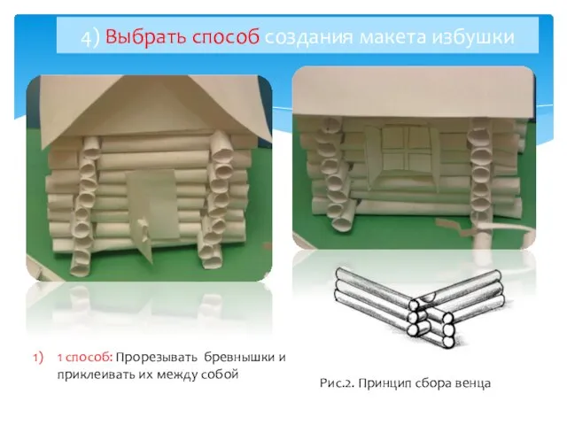 4) Выбрать способ создания макета избушки 1 способ: Прорезывать бревнышки и приклеивать