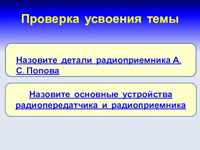 Проверка усвоения темы Назовите основные устройства радиопередатчика и радиоприемника Назовите детали радиоприемника А.С. Попова