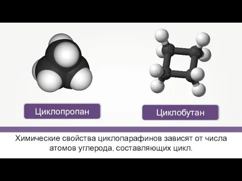 Циклопропан Циклобутан Химические свойства циклопарафинов зависят от числа атомов углерода, составляющих цикл.