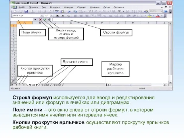 Строка формул используется для ввода и редактирования значений или формул в ячейках