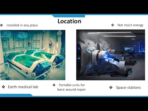 Location Earth medical lab Space stations Not much energy Portable units for