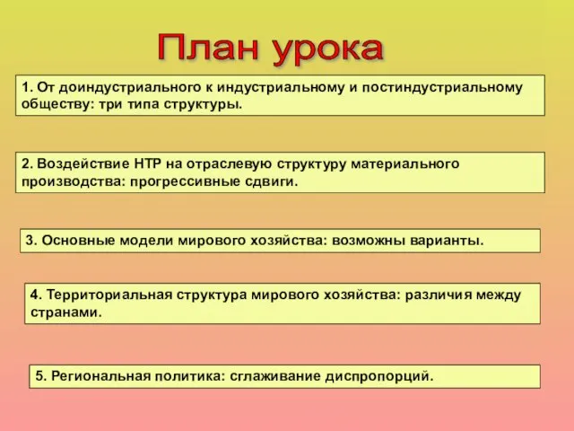 План урока 1. От доиндустриального к индустриальному и постиндустриальному обществу: три типа