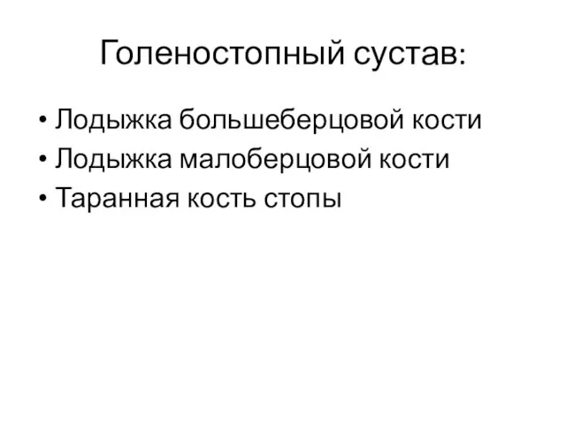 Голеностопный сустав: Лодыжка большеберцовой кости Лодыжка малоберцовой кости Таранная кость стопы