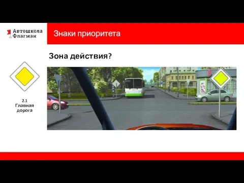 Знаки приоритета Зона действия? 2.1 Главная дорога