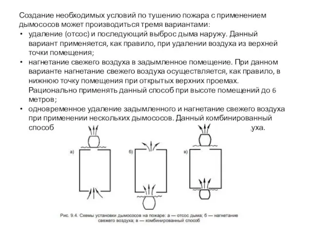 Создание необходимых условий по тушению пожара с применением дымососов может производиться тремя