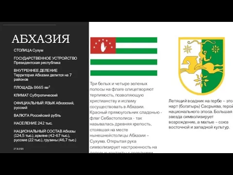 АБХАЗИЯ СТОЛИЦА Сухум ГОСУДАРСТВЕННОЕ УСТРОЙСТВО Президентская республика ВНУТРЕННЕЕ ДЕЛЕНИЕ Территория Абхазии делится