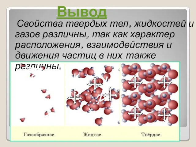 Вывод Свойства твердых тел, жидкостей и газов различны, так как характер расположения,