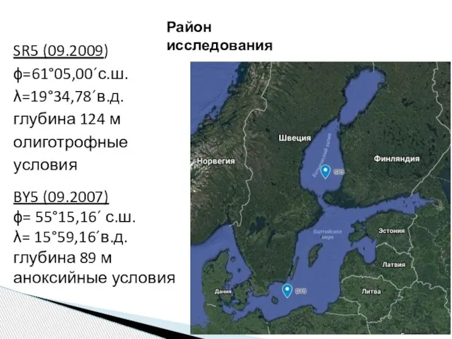 SR5 (09.2009) ϕ=61°05,00´с.ш. λ=19°34,78´в.д. глубина 124 м олиготрофные условия BY5 (09.2007) ϕ=