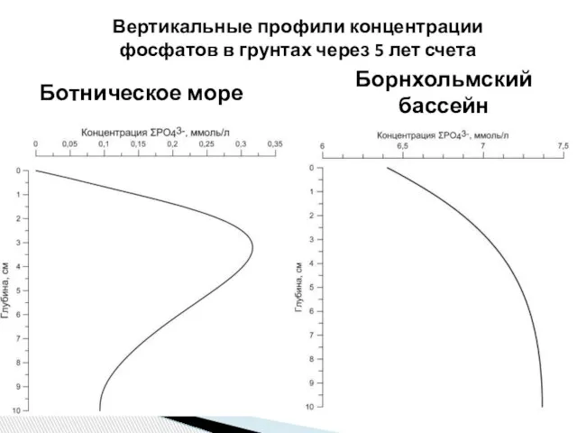Ботническое море Борнхольмский бассейн Вертикальные профили концентрации фосфатов в грунтах через 5 лет счета