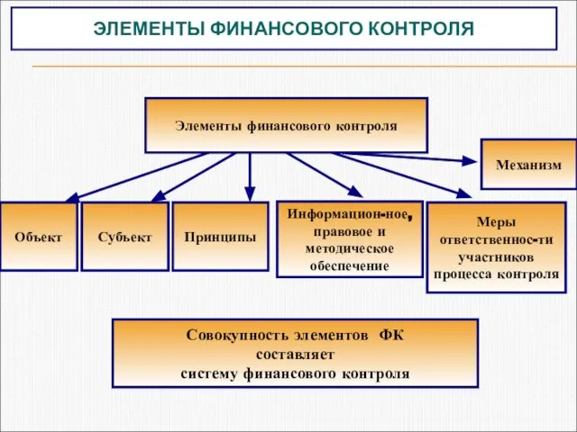 ЭЛЕМЕНТЫ ФИНАНСОВОГО КОНТРОЛЯ Механизм Совокупность элементов ФК составляет систему финансового контроля