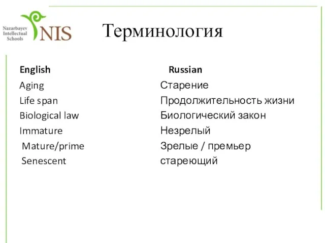 Терминология English Aging Life span Biological law Immature Mature/prime Senescent Russian Старение