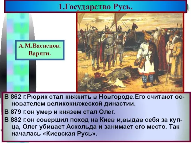 В 862 г.Рюрик стал княжить в Новгороде.Его считают ос-нователем великокняжеской династии. В