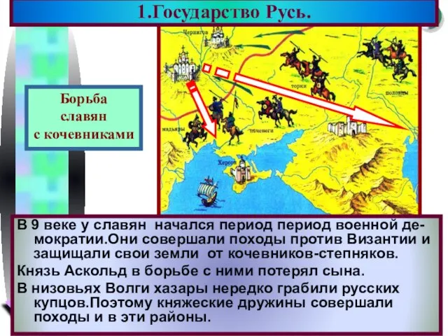 1.Государство Русь. В 9 веке у славян начался период период военной де-мократии.Они