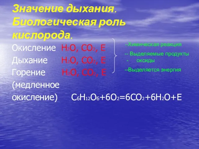 Окисление H2О, СО2, E Дыхание H2О, СО2, E Горение H2О, СО2, E