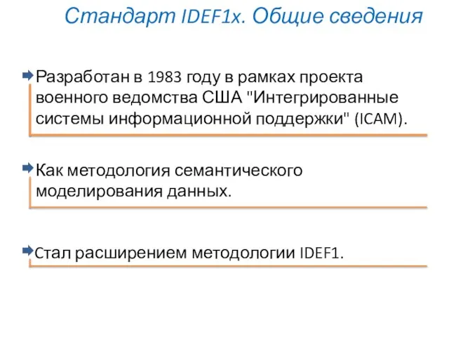 Стандарт IDEF1x. Общие сведения Разработан в 1983 году в рамках проекта военного