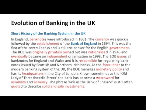 Evolution of Banking in the UK Short History of the Banking System