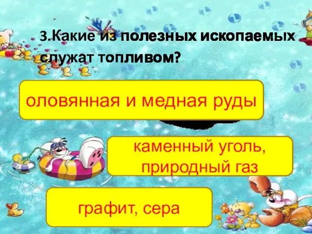 3.Какие из полезных ископаемых служат топливом? каменный уголь, природный газ оловянная и медная руды графит, сера