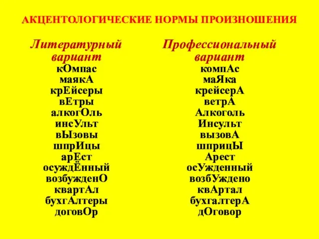 АКЦЕНТОЛОГИЧЕСКИЕ НОРМЫ ПРОИЗНОШЕНИЯ Литературный вариант кОмпас маякА крЕйсеры вЕтры алкогОль инсУльт вЫзовы