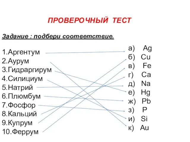 ПРОВЕРОЧНЫЙ ТЕСТ Задание : подбери соответствие. 1.Аргентум 2.Аурум 3.Гидраргирум 4.Силициум 5.Натрий 6.Плюмбум