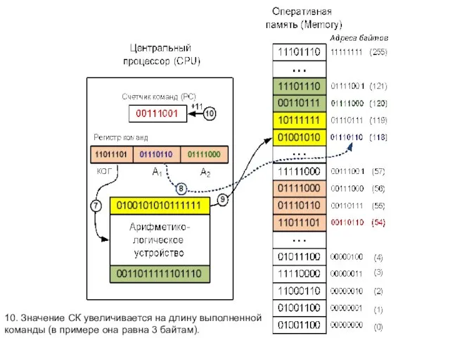 10. Значение СК увеличивается на длину выполненной команды (в примере она равна 3 байтам).